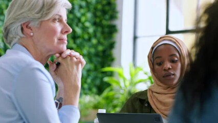 Aufkleber - Business meeting, women equality and leadership with manager, speaker or boss communication or talking of project ideas. Inspiration, planning and strategy of diversity staff with employee engagement