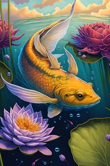 A golden fish swimming in a clear pond surrounded by colorful lotus flowers.