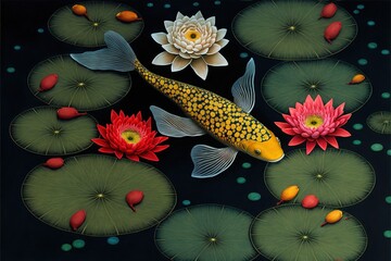 A golden fish swimming in a clear pond surrounded by colorful lotus flowers.