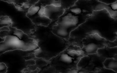 Black marble stone texture background. Abstract white electric lightning, thunderbolt strike and thunderstorm on black background.