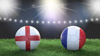 Wall Mural - Two soccer balls in flags colors on stadium blurred background. England vs France. 3d image