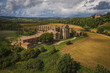 Aerial view of the abbey of San Galgano: is located about 25 miles from Siena, in southern Tuscany, Italy, Siena region - September, 2022