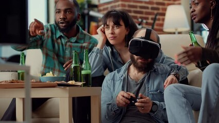 Canvas Print - Group of people having fun with video games online on gaming console, playing challenge with virtual reality headset. Using vr glasses to play competition on television. Handheld shot.