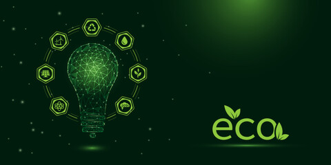 A symbolic light bulb surrounded by symbols of green energy. Renewable energy sources, sustainable resources, net zero, recarbonization concept. Low-poly frame design.