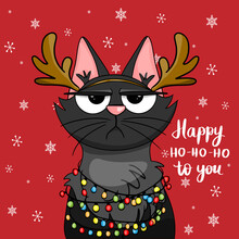 Vector Christmas Card With Grumpy Cat With Garland Character Party Time Congratulatory Funny Postcards With Slogans Lettering. Cartoon Flat Style Ideal For Cards Posters, Social Media.