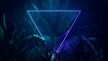Cyberpunk Background Design. Tropical Leaves With Green And Purple, Triangle Shaped Neon Frame.