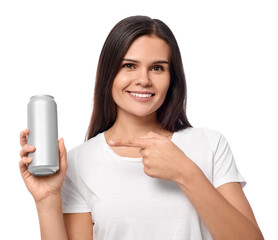 Poster - Beautiful young woman holding tin can with beverage on white background