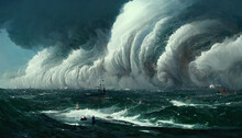 AI Generated Scenery Of Gigantic Tsunami-like Wave At Sea And Devastating Strong Storm. Digital Art AI Generated Image Seascape With Massive Tidal Massive Wave.