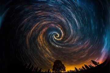 nighttime long exposure astrophotography of the sky, stars swirling in the void