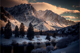 Fototapeta Góry - Beautiful winter landscape photography mountain range frozen lake dramatic lighting vista cozy mountainous golden hour cold frost
