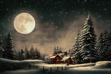 Christmas village in vintage style. Winter Christmas Landscape. Digital art