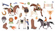 Equestrian sport. Girls and boys are professional jockeys riding horses, racing stallions, equestrian sports accessories, boots and saddle, animal care equipment tidy vector cartoon flat set
