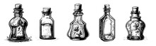 Victorian Ephemera Perfume Bottles, Potion Bottles For Spells, Cutout Vintage Drawings Of Empty Jars Ornate And Decorated For Scrapbooking, Junk Journal, Etc, Generative AI Used As Reference