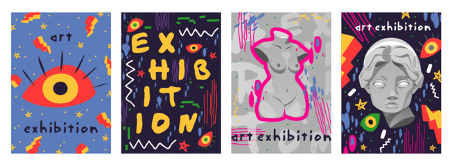 Fototapete - Retro futuristic flyers for modern abstract art exhibition. Antique sculpture and statue, eye, surreal shapes and cyberpunk elements. Vector illustration in trendy psychedelic techno style, posters