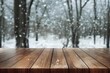  a wooden table top with a snowy background in the woods with trees in the background and snow falling on the ground. Generative AI