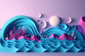 pink purple and blue ocean and waves, lavender sky with moon paper crafts, cutout scene of a wavy tide