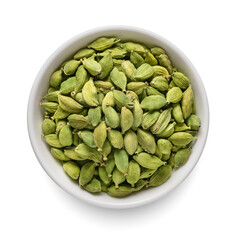 Wall Mural - Cardamom pods in white bowl isolated on white. Top view.