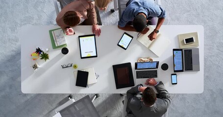 Poster - Top view, digital marketing or business people in a meeting planning a strategy or agenda for data analytics. Collaboration, team work or employees coworking on a development project with timelapse