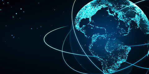 Poster - Creative glowing globe hologram on dark backdrop. Technology, metaverse and digital map concept. 3D Rendering.