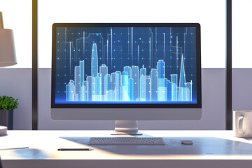 Wall Mural - computer monitor on desktop with abstract glowing city skyline on screen, coffee cup and supplies. Blurry window and daylight background. Metaverse, innovation and technology concept. 3D Rendering.