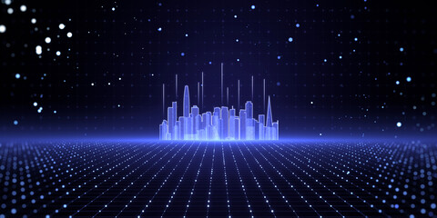 Poster - Abstract glowing city skyline hologram on blurry tech backdrop. Metaverse, innovation and technology concept. 3D Rendering.