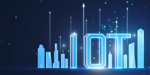 Poster - Creative glowing digital mesh city and iot hologram on blurry backdrop. Network, communication, internet and innovation concept. 3D Rendering.