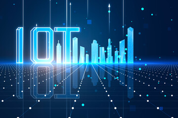 Poster - Abstract glowing digital mesh city and iot hologram on blurry backdrop. Network, communication, internet and innovation concept. 3D Rendering.