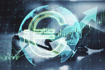 Poster - Close up of hand pointing at tablet with glowing euro hologram, globe and arrow on blurry background. Growing market and finance concept. Double exposure.