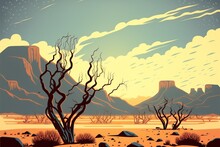 Lifeless Barren Desert Valley Of Death With Dry And Decaying Trees, Unexplored And Dangerously Hot Wasteland - Eroded Sandstone Hills And Cliffs With Distant Clouds Illustration.