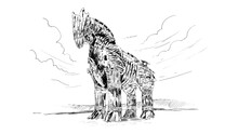 A Hand Drawn Illustration Showing A Majestic Stance Of The Trojan Horse. Charcoal Drawing Technique Or Engraving.