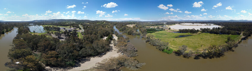 Twin city straddling the Murray River border of the two south-eastern Australian states of New South Wales and Victoria, the 360 degree aerial photography from drone.