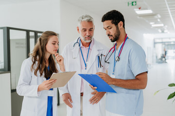 Team of doctors discussing something at hospital corridor.