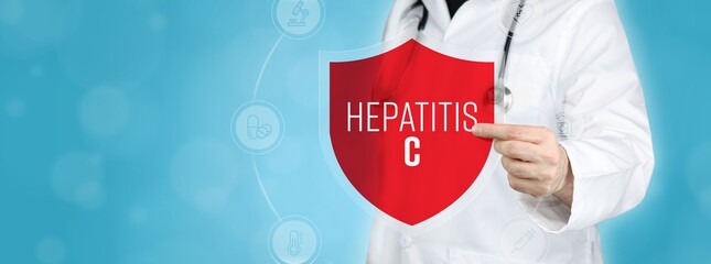 Wall Mural - Hepatitis C. Arzt hält rotes Schutzschild umgeben von Icons im Kreis. Medizinisches Wort im Symbol