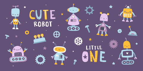 Wall Mural - cute little robots set for kids. cartoon vector robotic prints collection. funny machine sticker pac