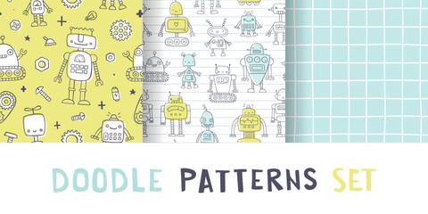 Wall Mural - cute doodle robot pattern set. seamless outline vector prints collection for baby textile and appare