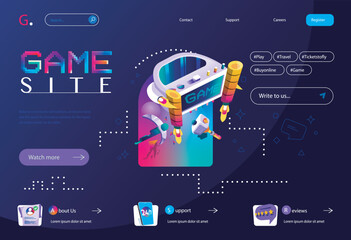 Leinwandbilder - Game site concept in flat cartoon design for homepage layout. Online platform for buying and playing video games with VR and augmented technology. Vector illustration for landing page and web banner