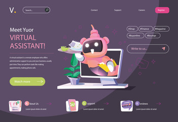 Poster - Virtual assistant concept in flat cartoon design for homepage layout. Consultation and solution of technical issues in chat with smart chatbot. Vector illustration for landing page and web banner