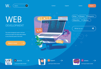 Poster - Web development concept in flat cartoon design for homepage layout. Programming and working with code, creating layouts and construct software. Vector illustration for landing page and web banner