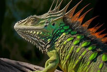 The Light Shining On The Back Of A Green Iguana, Revealing Its Sharp Spines.