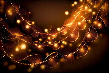 Wall Mural - Christmas warm gold garland lights over dark background with glitter overlay