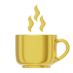 Poster - Golden mug with hot drink and steam. 3D rendering. PNG icon on transparent background.