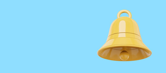Poster - Yellow bell, notification symbol. 3D rendering. Icon on blue background, space for text.
