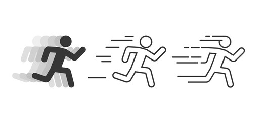 Running man icon vector line art silhouette or runner active fast athlete pictogram simple graphic, jogging person black shape figure for fitness sport activities, escape exit symbol sign design image