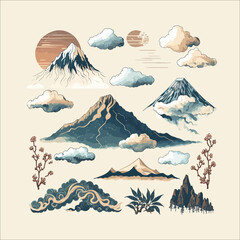 Poster - Collection of hand drawn clouds and mountains. Chinese and Japanese mountains shapes Flat cartoon illustration isolated on white background