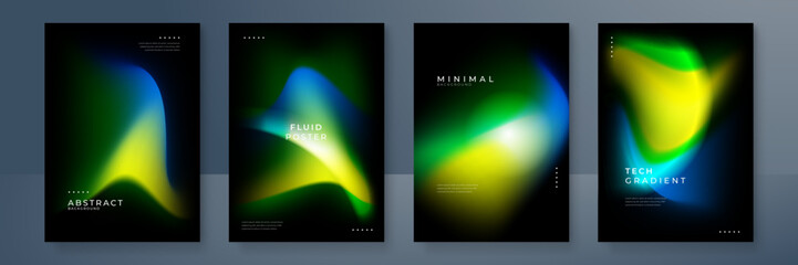Poster - Blurred yellow green orange backgrounds set with modern abstract blurred aurora gradient pattern on black background. Smooth templates for brochure, poster, banner, flyer and card. Vector illustration