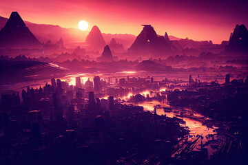 city on an alien planet, extraterrestrial buildings in beautiful landscape