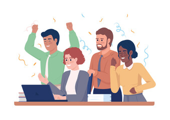 Poster - Business team celebrating success semi flat color vector characters. Finishing project. Editable figures. People on white. Simple cartoon style illustration for web graphic design and animation