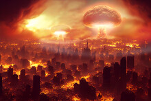 Nuclear Bombing Of A Huge City. The Beginning Of The Apocalypse. Realistic Digital Illustration. Fantastic Background. Concept Art. CG Artwork.