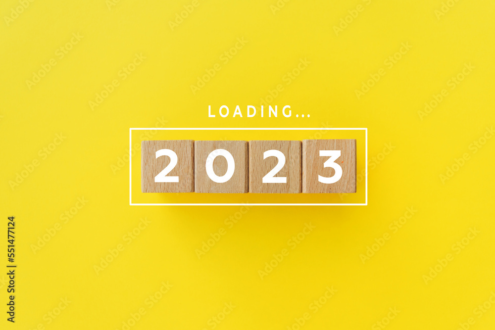 2023 New Year Loading. Loading bar with wooden blocks 2023 on blue ...