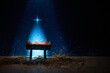Nativity of Jesus, empty manger at night with bright lights.